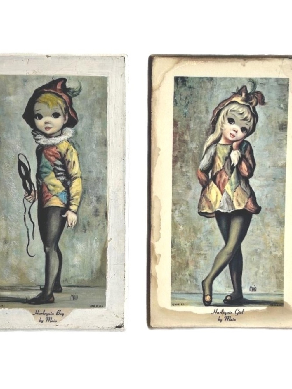 Vintage 1960s Jean Maio "Big Eyes" Harlequin Boy & Girl Wall Plaques